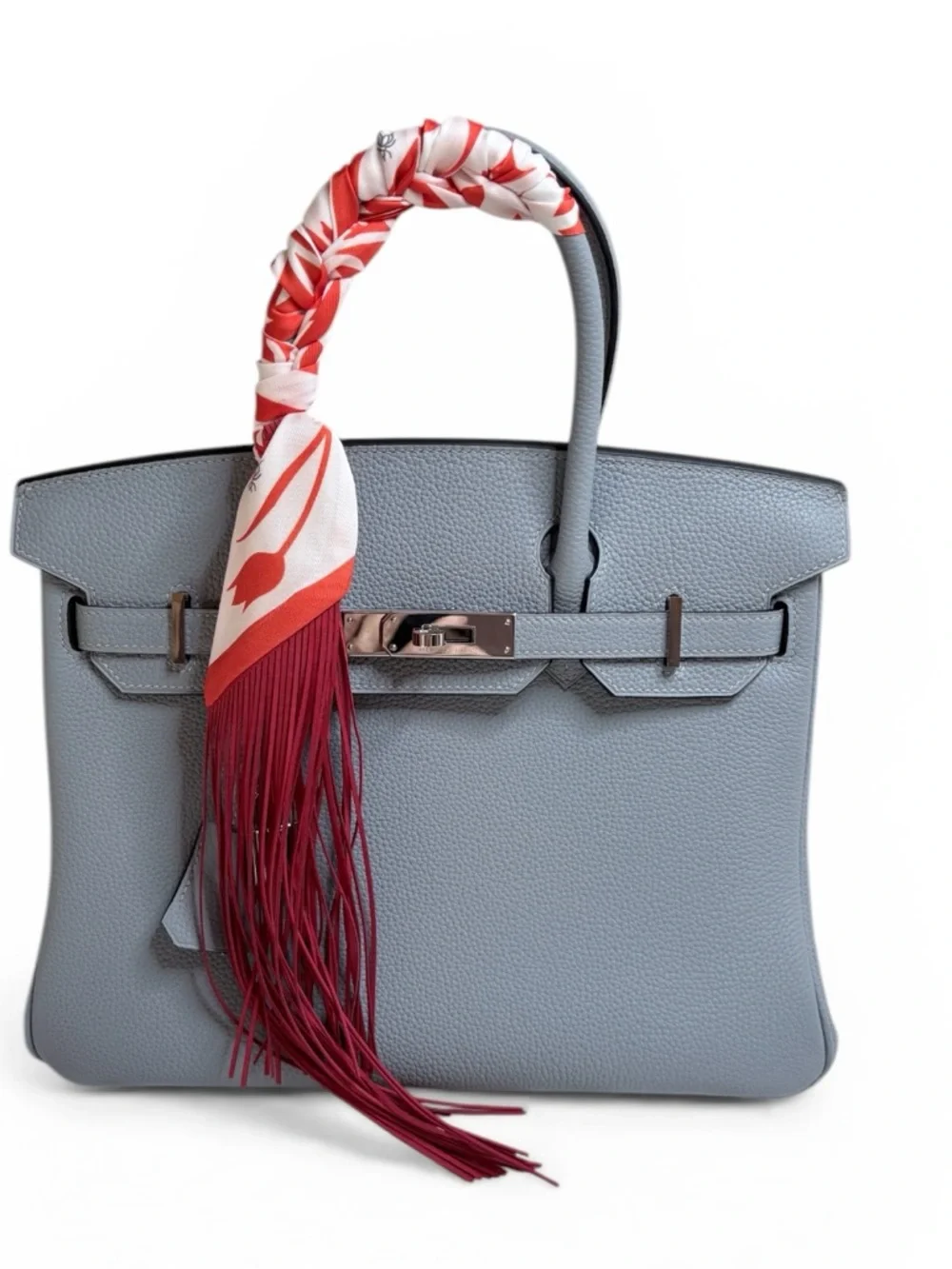 White Flowers on Orange Fringe Handbag Twilly Purse scarf